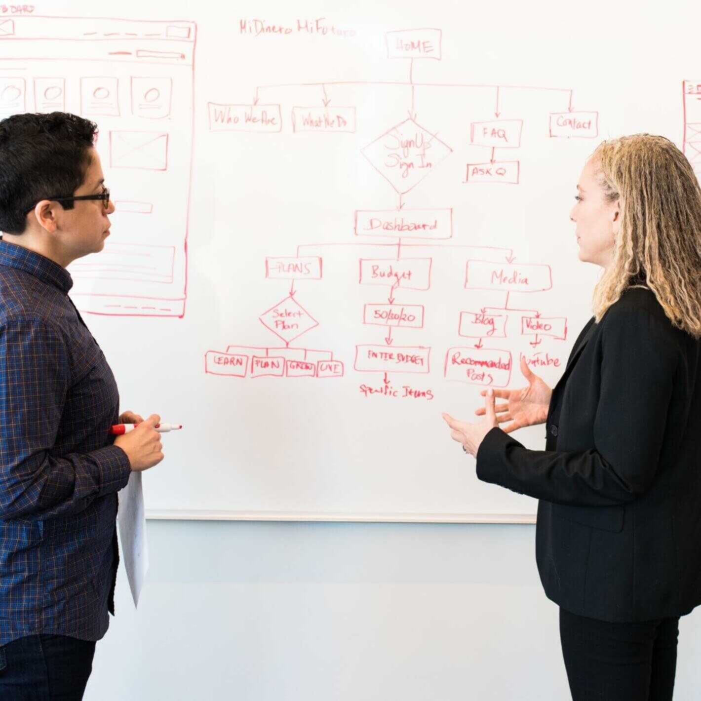 two people discussing work